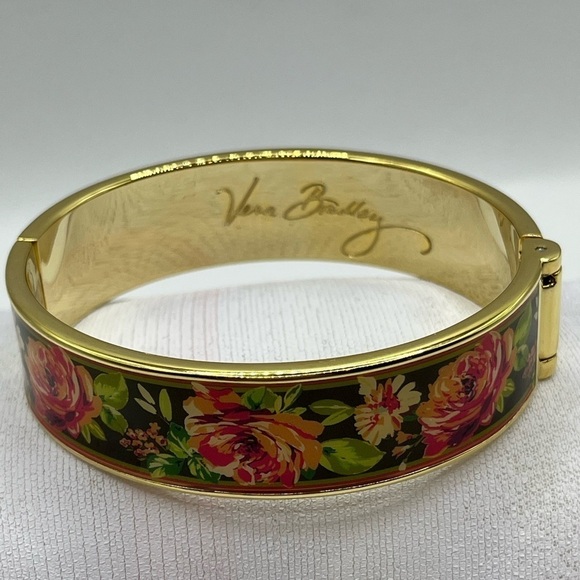 Vera Bradley Enamel English Rose Floral Hinged Gold Tone Bangle Bracelet Pink - Picture 2 of 8